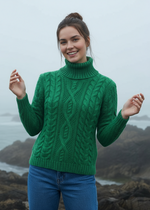 Polo Neck Aran Sweater | Green Marl