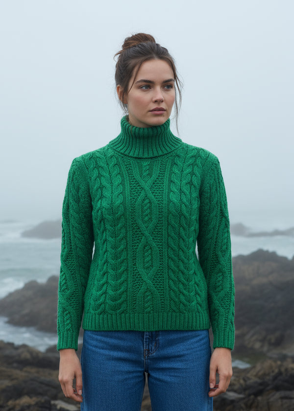 IrelandsEye Polo Neck Aran Sweater | Green Marl