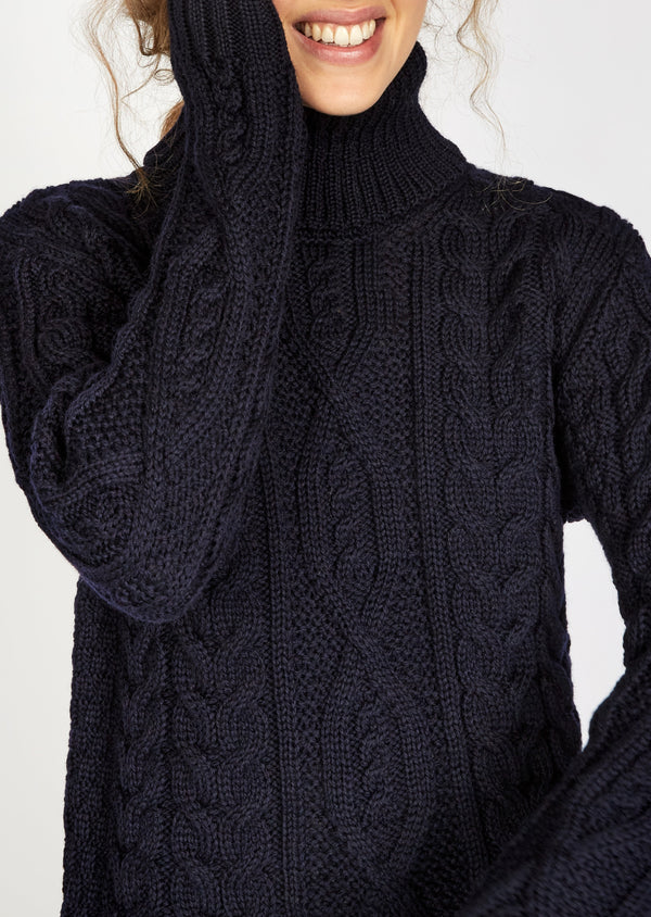 IrelandsEye Polo Neck Aran Sweater | Navy