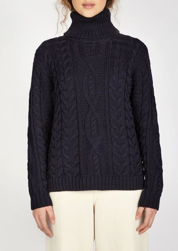 IrelandsEye Polo Neck Aran Sweater | Navy