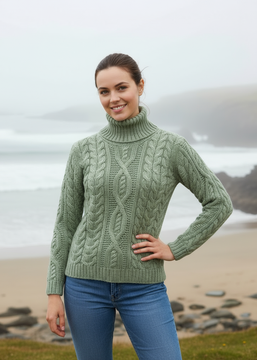 Polo Neck Aran Sweater | Sage Marl