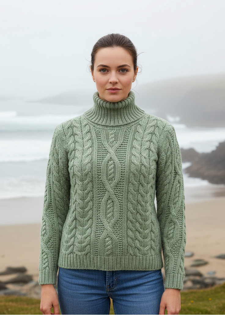 IrelandsEye Polo Neck Aran Sweater | Sage Marl