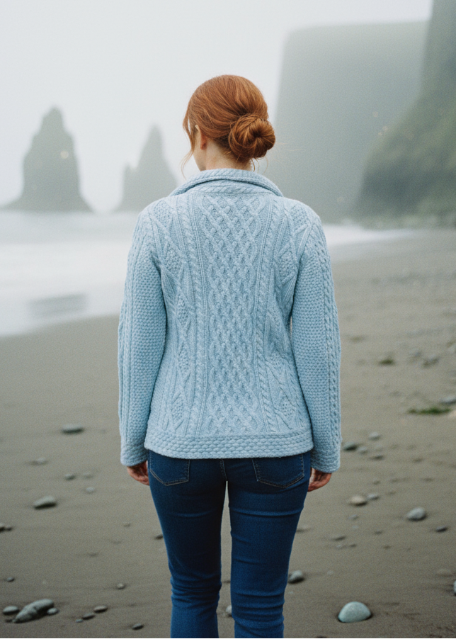 Aran Bikers Claddagh Side Zip Cardigan | Sky Blue