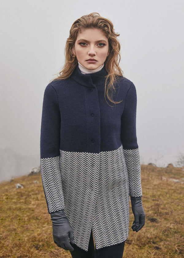 Ladies Herringbone Wool Coat | Natural Navy