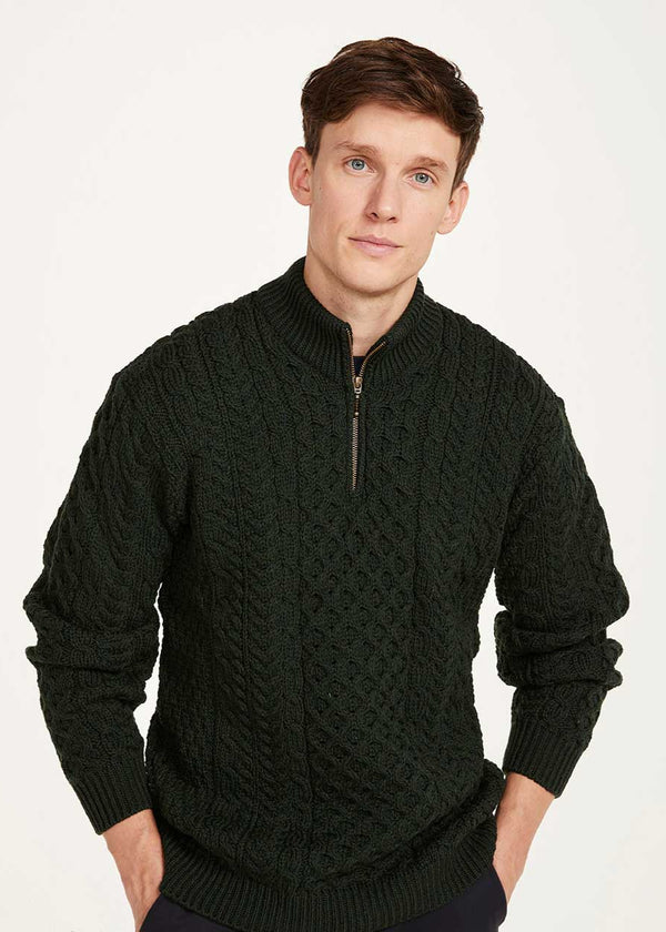 Ballycroy Mens Aran Half Zip Sweater | Green