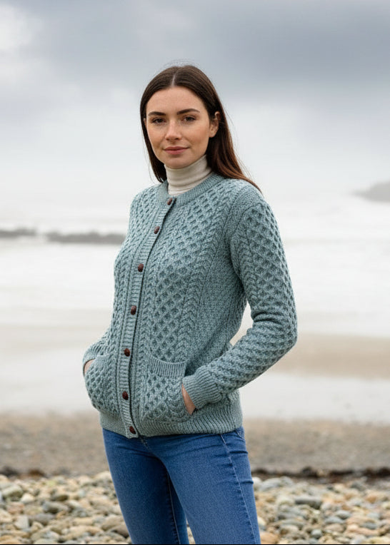 Aran Cable Knit Cardigan | Aqua