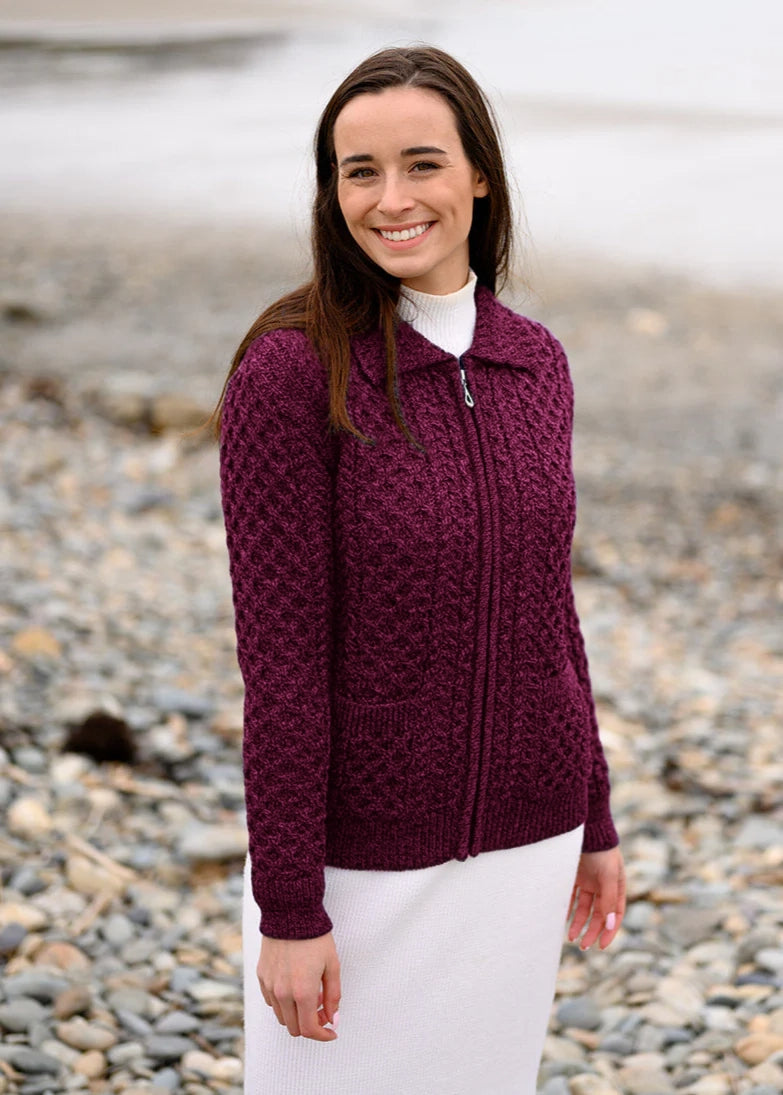 Aran Full Zip Cardigan | Raspberry Marl