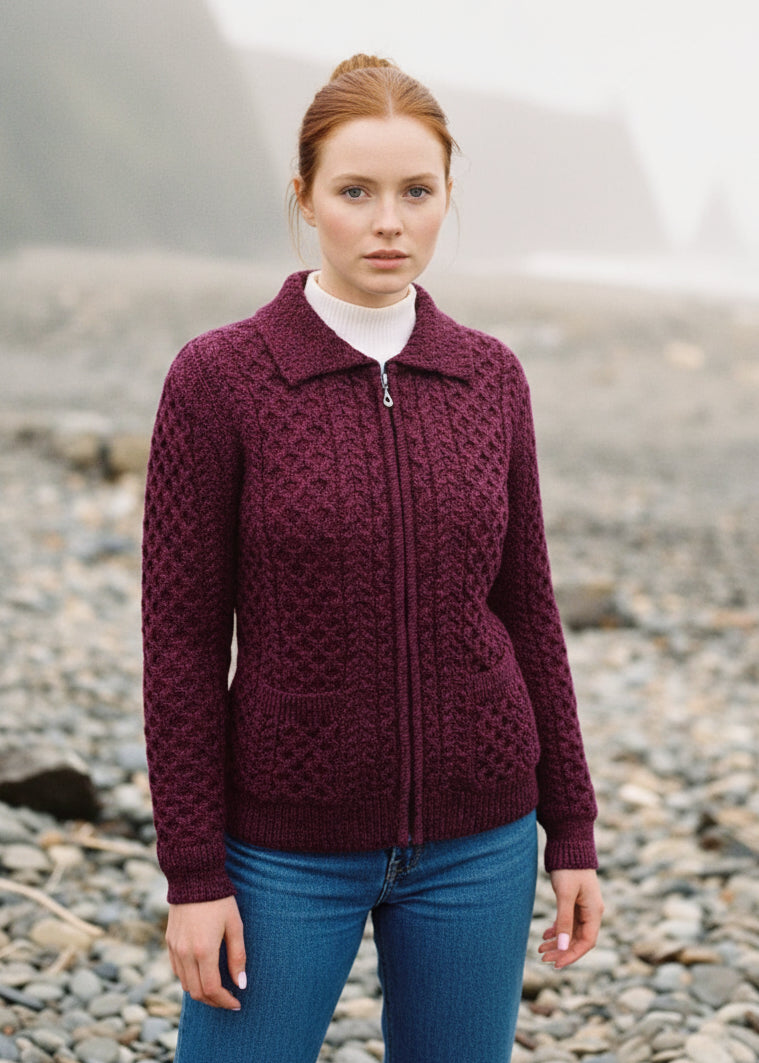 Aran Full Zip Cardigan | Raspberry Marl