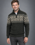 Aran Celtic Design Half Zip Sweater | 100% Merino Wool | Green