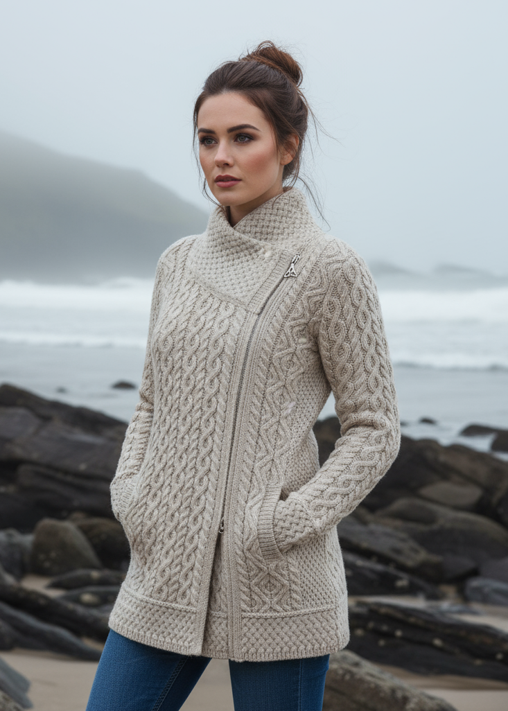 Aran Crafts Athenry Asymmetric Coat | Oatmeal