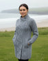Aran Crafts Cable Knit Side Zip Coat | Soft Grey Merino Wool
