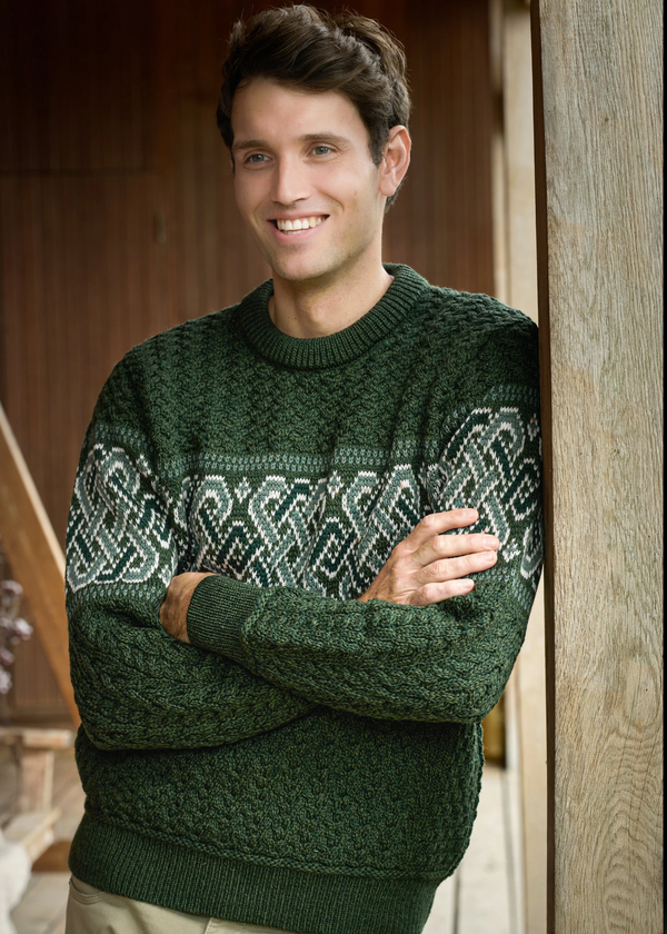 Aran Crafts Celtic Jacquard Sweater | Green