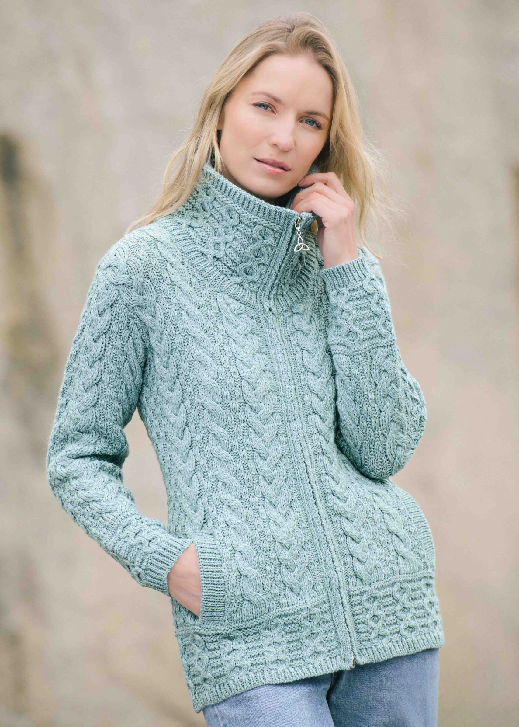 Aran Crafts Double Collar Trinity Cardigan | Mermaid