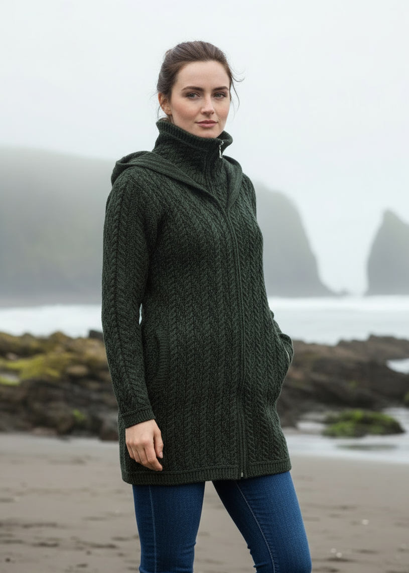 Aran Crafts Hooded Zip Coat | Green