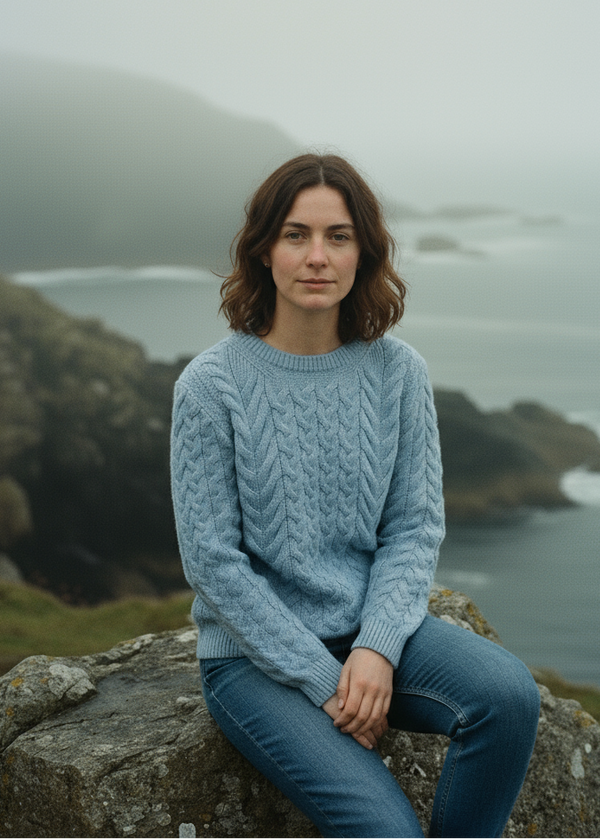 Aran Crew Neck Supersoft Sweater Blue Sail - Clearance