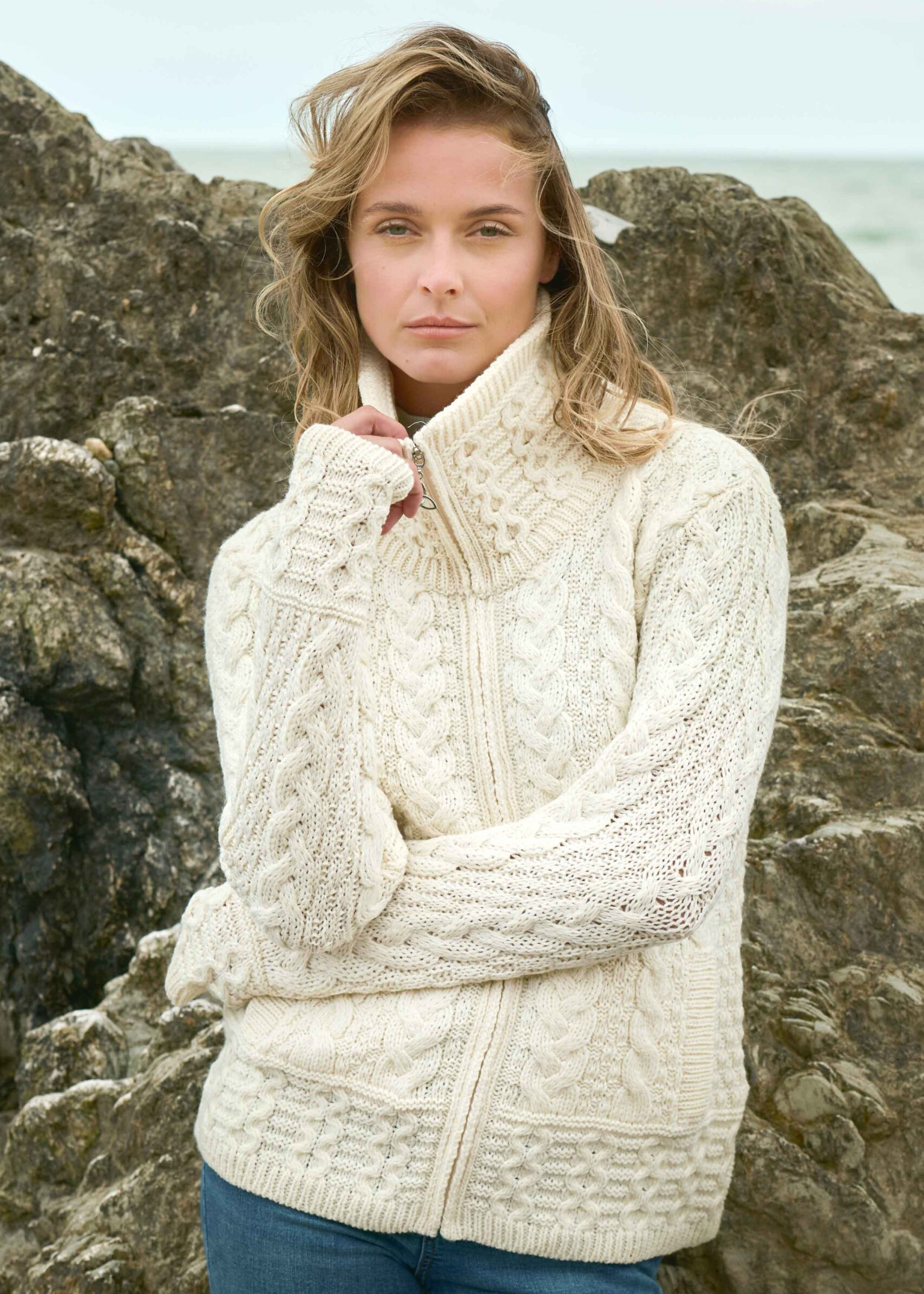 Aran Double Collar Trinity Cardigan | Natural