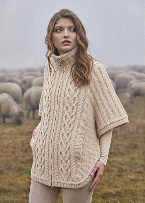 Aran Funnel Neck Cape | Oatmeal