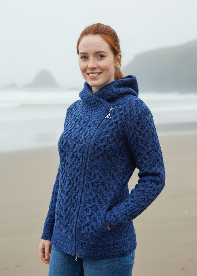 Aran Heart Design Hooded Cardigan | Blue