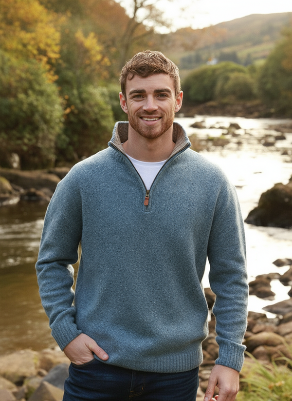 Aran Troyer Zip Sweater | Blue