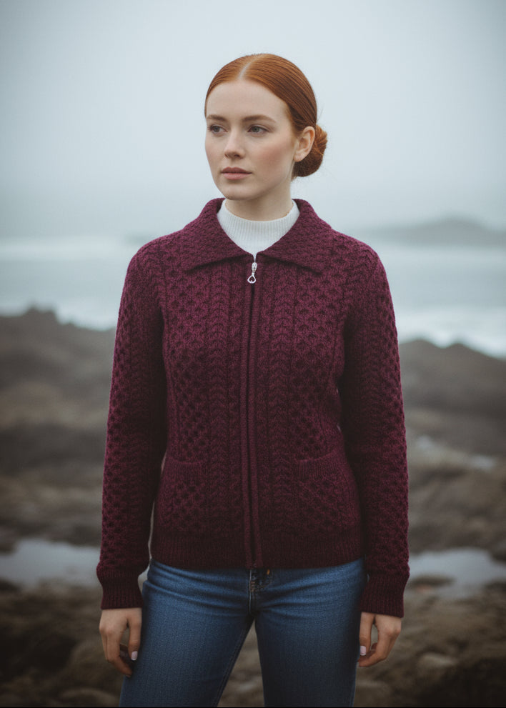 Aran Full Zip Cardigan | Raspberry Marl