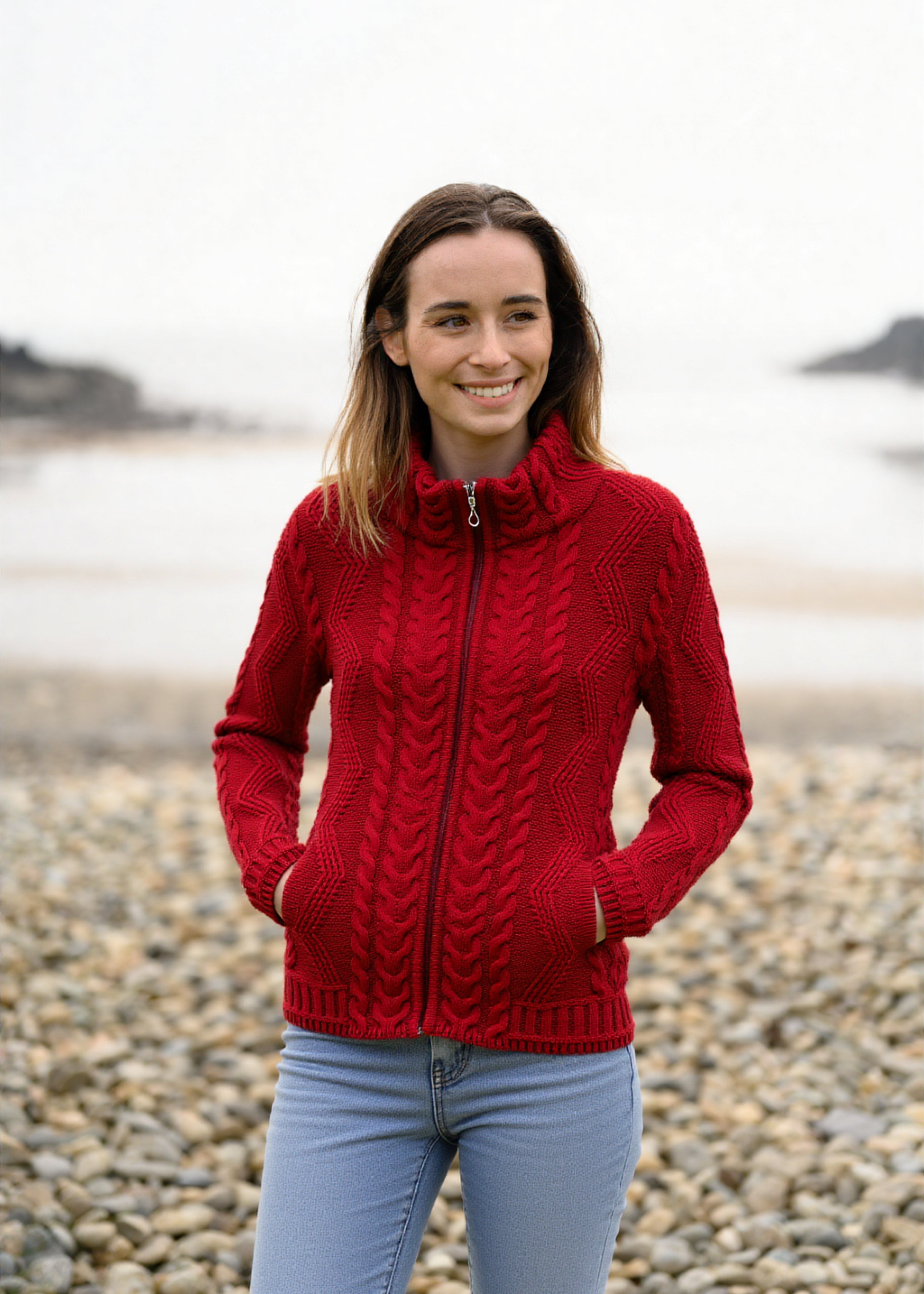 Aran Turtleneck Zip Cardigan | Red