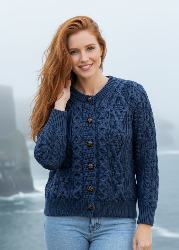 Ladies Aran Cardigan | Navy/Green Mix