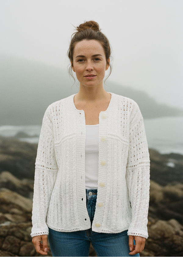 Irish Cotton Ladies Cardigan | White