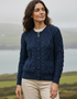 Women's Aran Cardigan Navy Green Mix | Authentic Irish Cable Knit