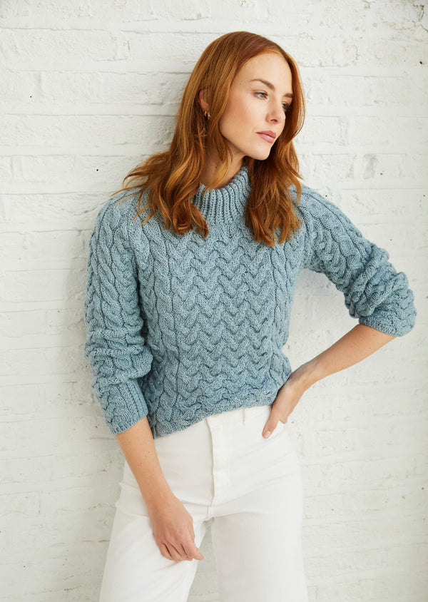 Aran Crew Neck Sweater - Aqua