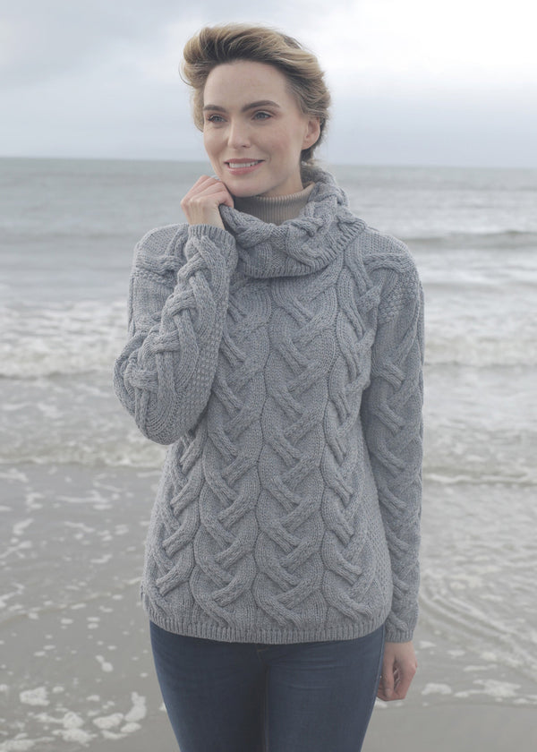 Aran Cowl Neck Chunky Sweater | Ocean Grey