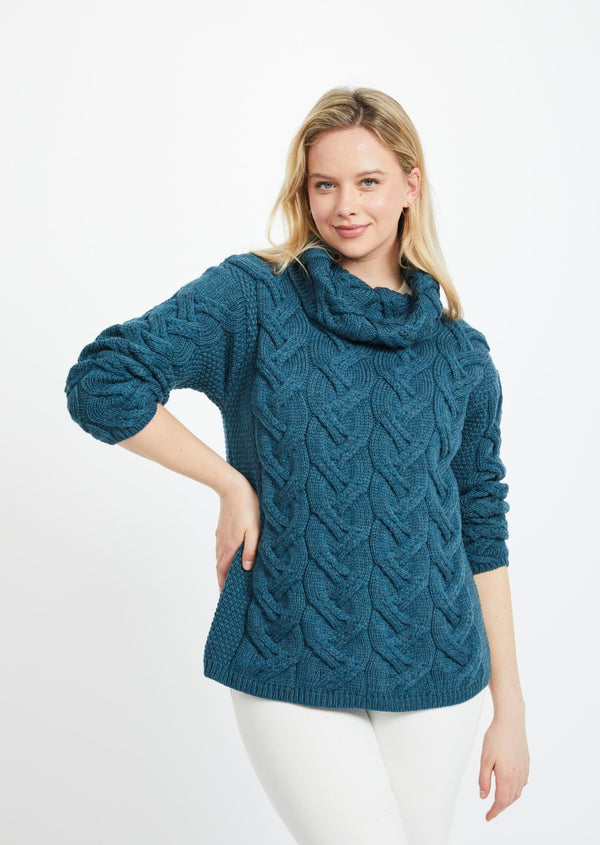 Aran Cowl Neck Chunky Sweater - Irish Sea