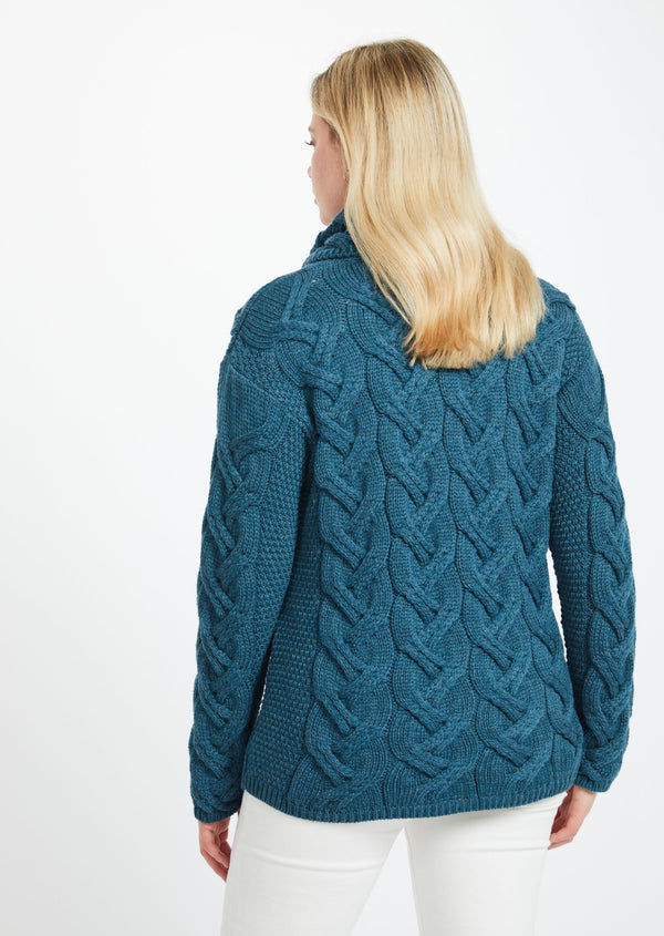 Aran Cowl Neck Chunky Sweater - Irish Sea