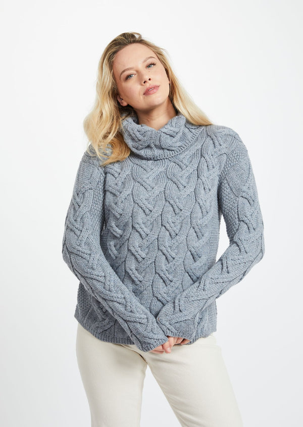 Aran Cowl Neck Chunky Sweater - Ocean