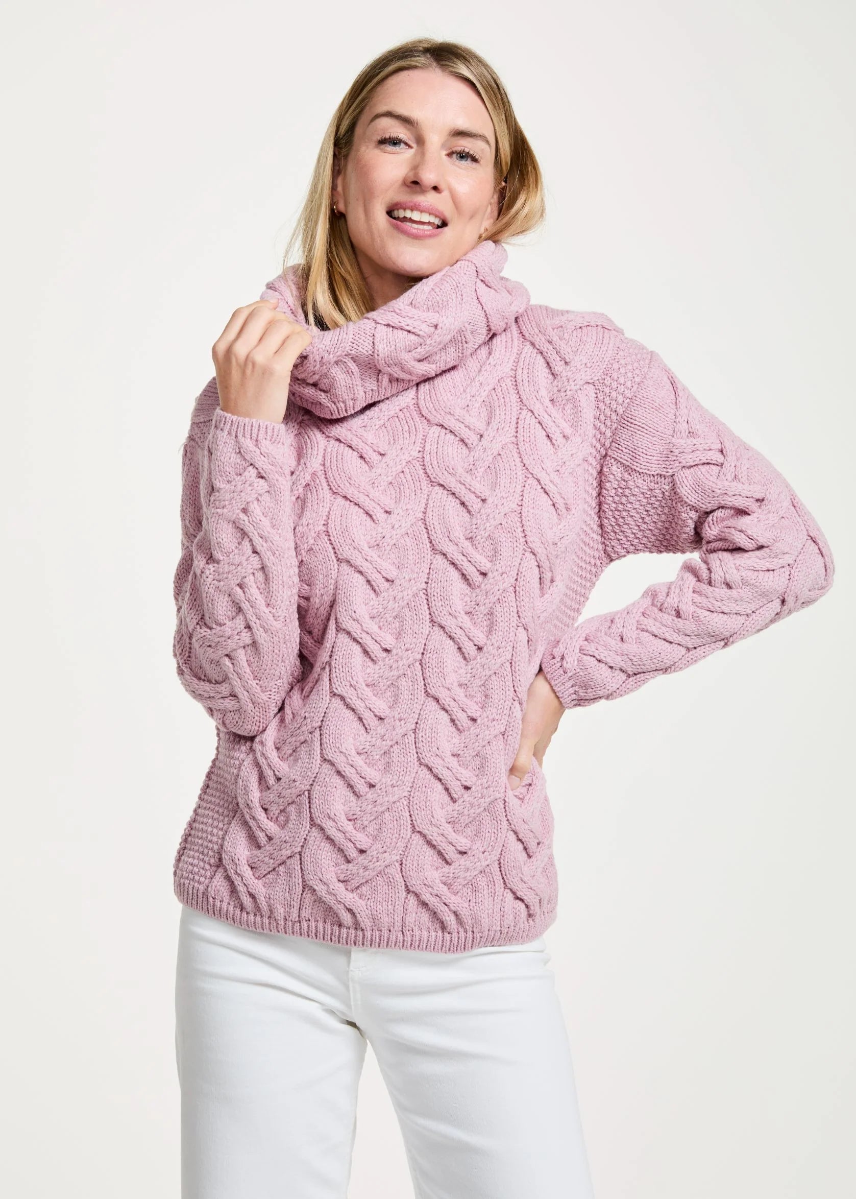 Aran Cowl Neck Chunky Sweater | Pink