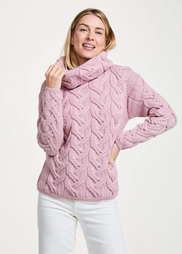 Aran Cowl Neck Chunky Sweater | Pink