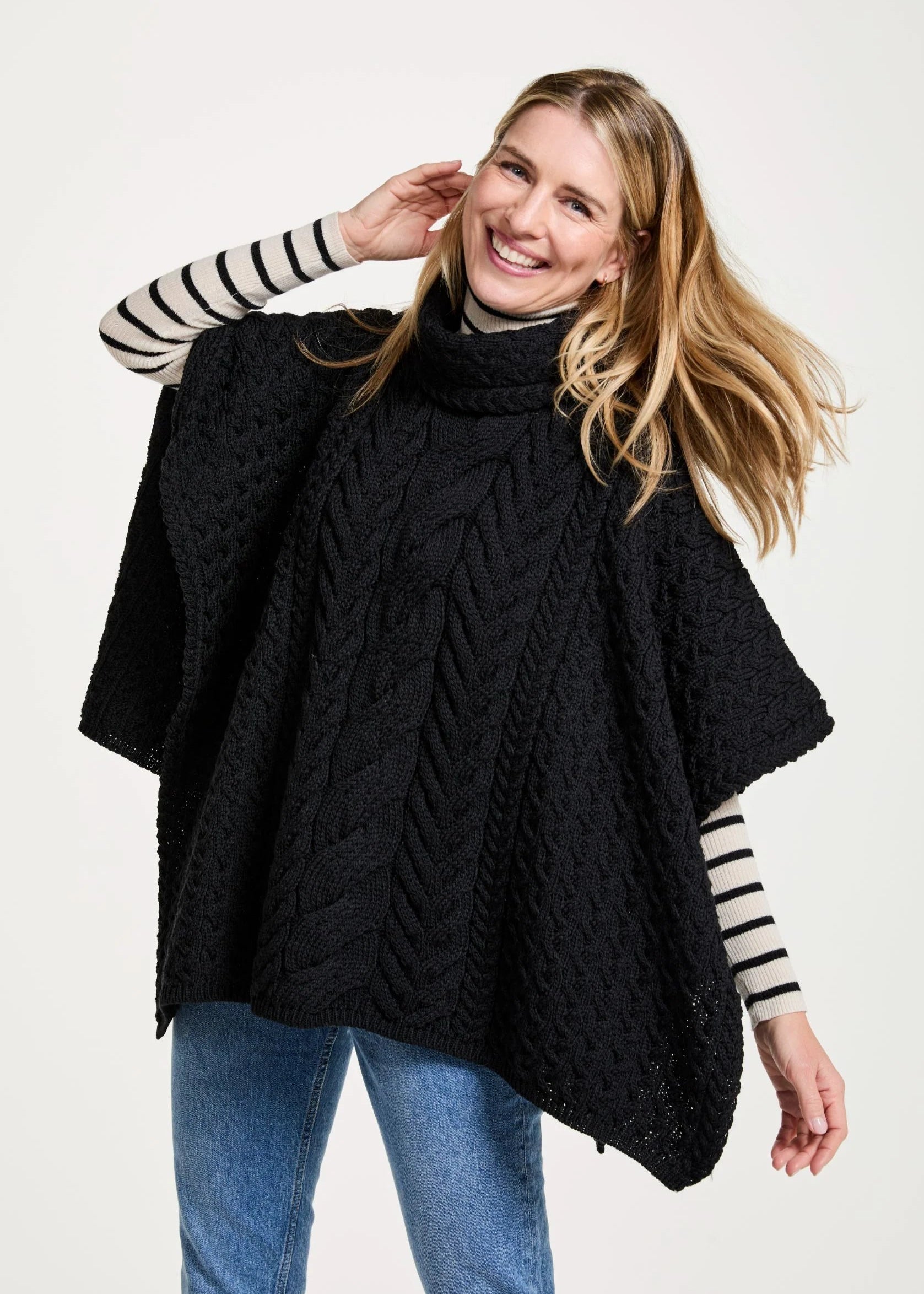 Aran Cowl Neck Poncho | Black
