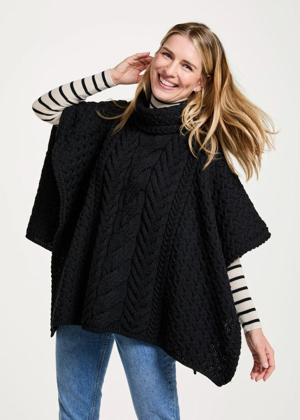 Aran Cowl Neck Poncho | Black