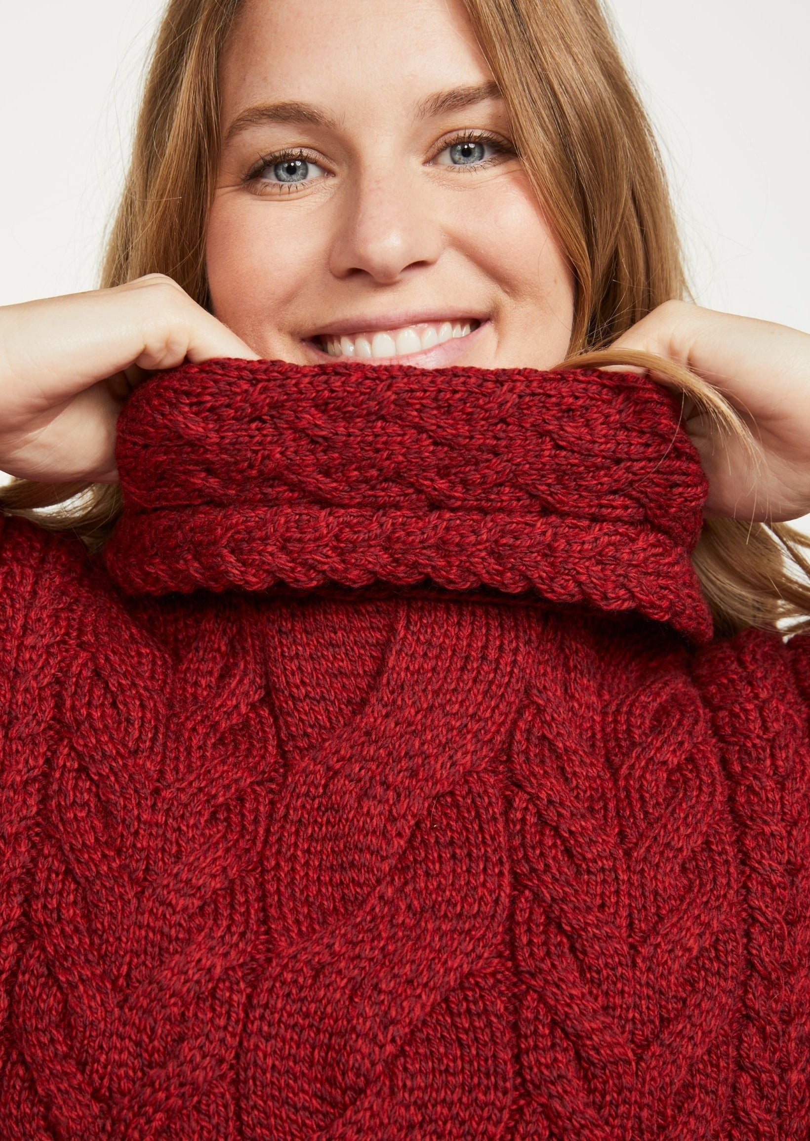 Aran Cowl Neck Poncho - Red