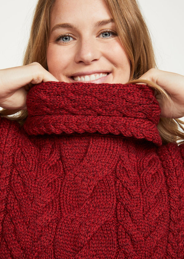 Aran Cowl Neck Poncho - Red