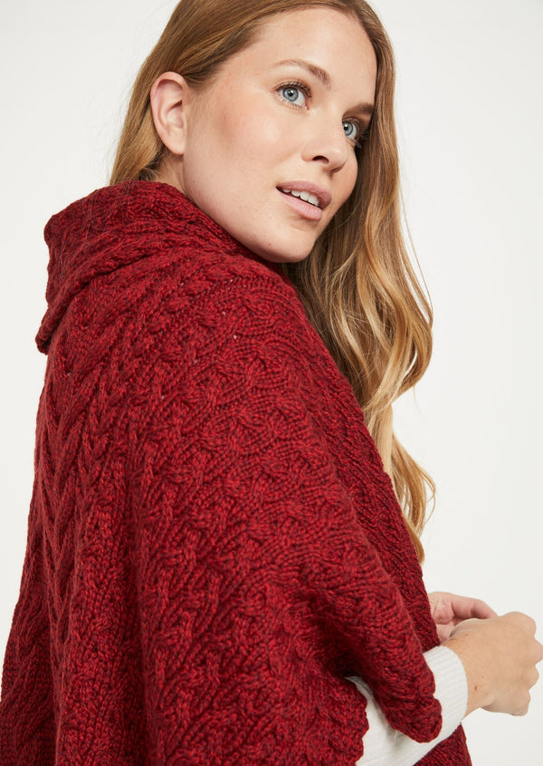 Aran Cowl Neck Poncho - Red