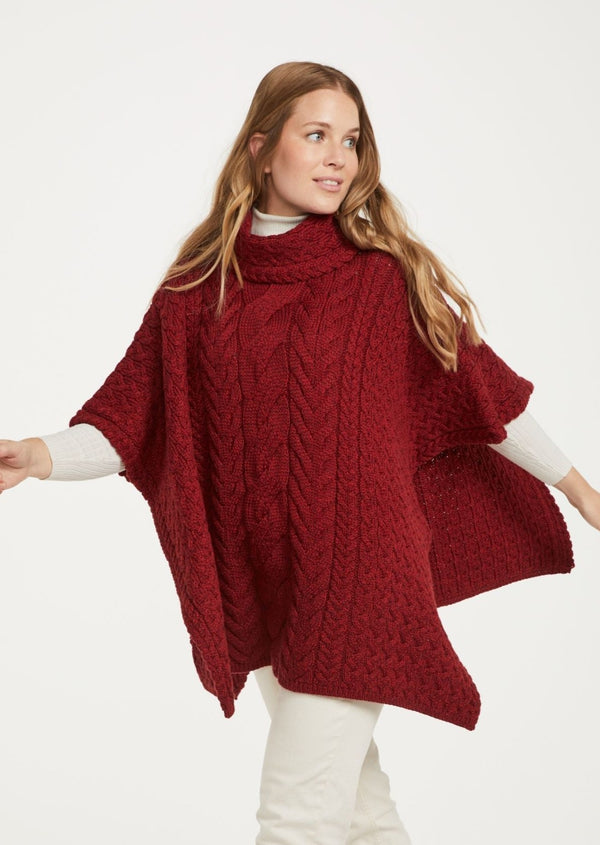 Aran Cowl Neck Poncho - Red