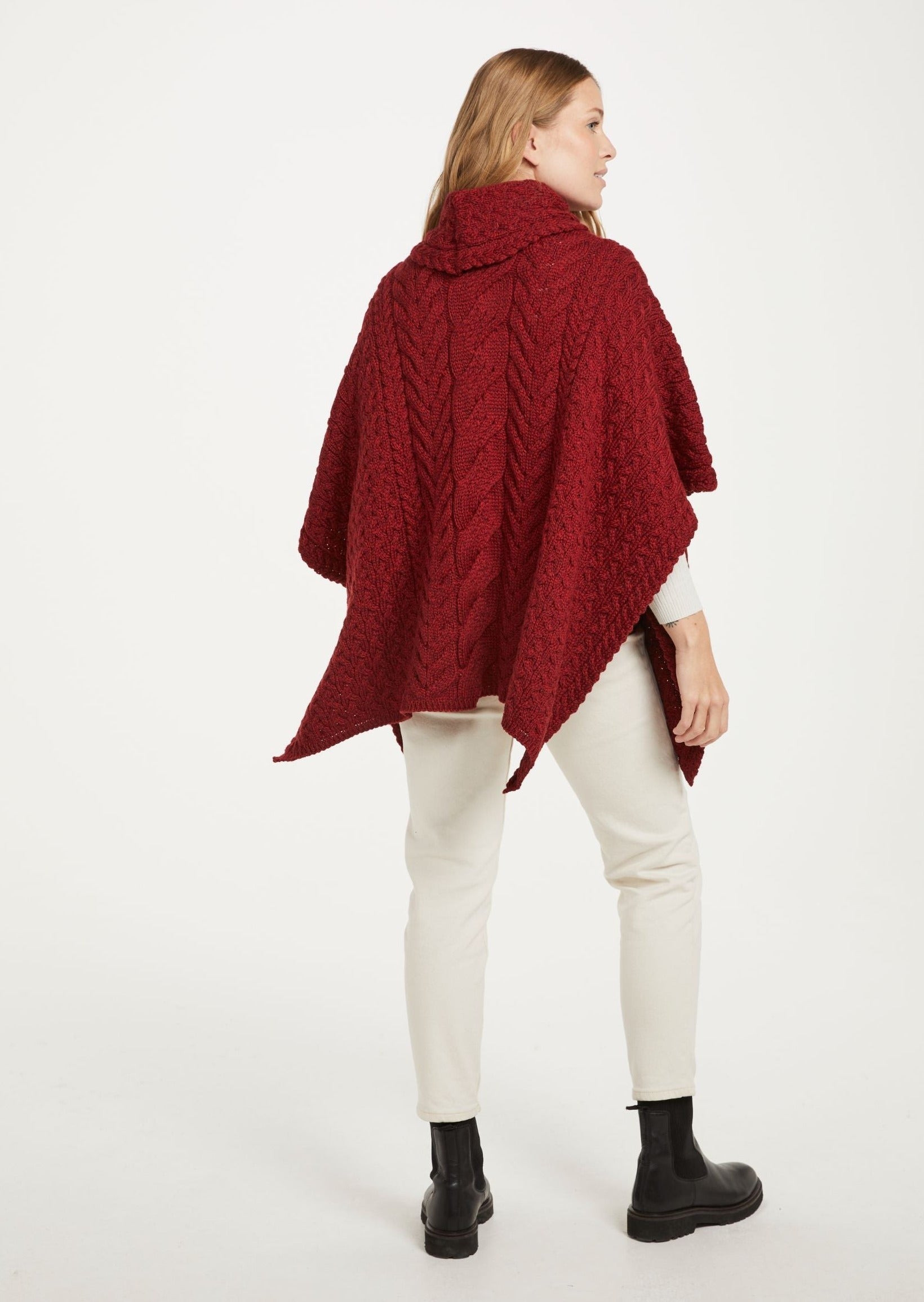 Aran Cowl Neck Poncho - Red