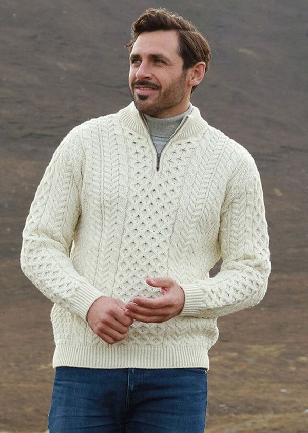Ballycroy Mens Aran Half Zip Sweater - Cream