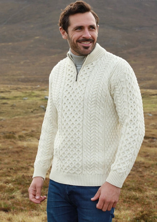 Ballycroy Mens Aran Half Zip Sweater - Cream