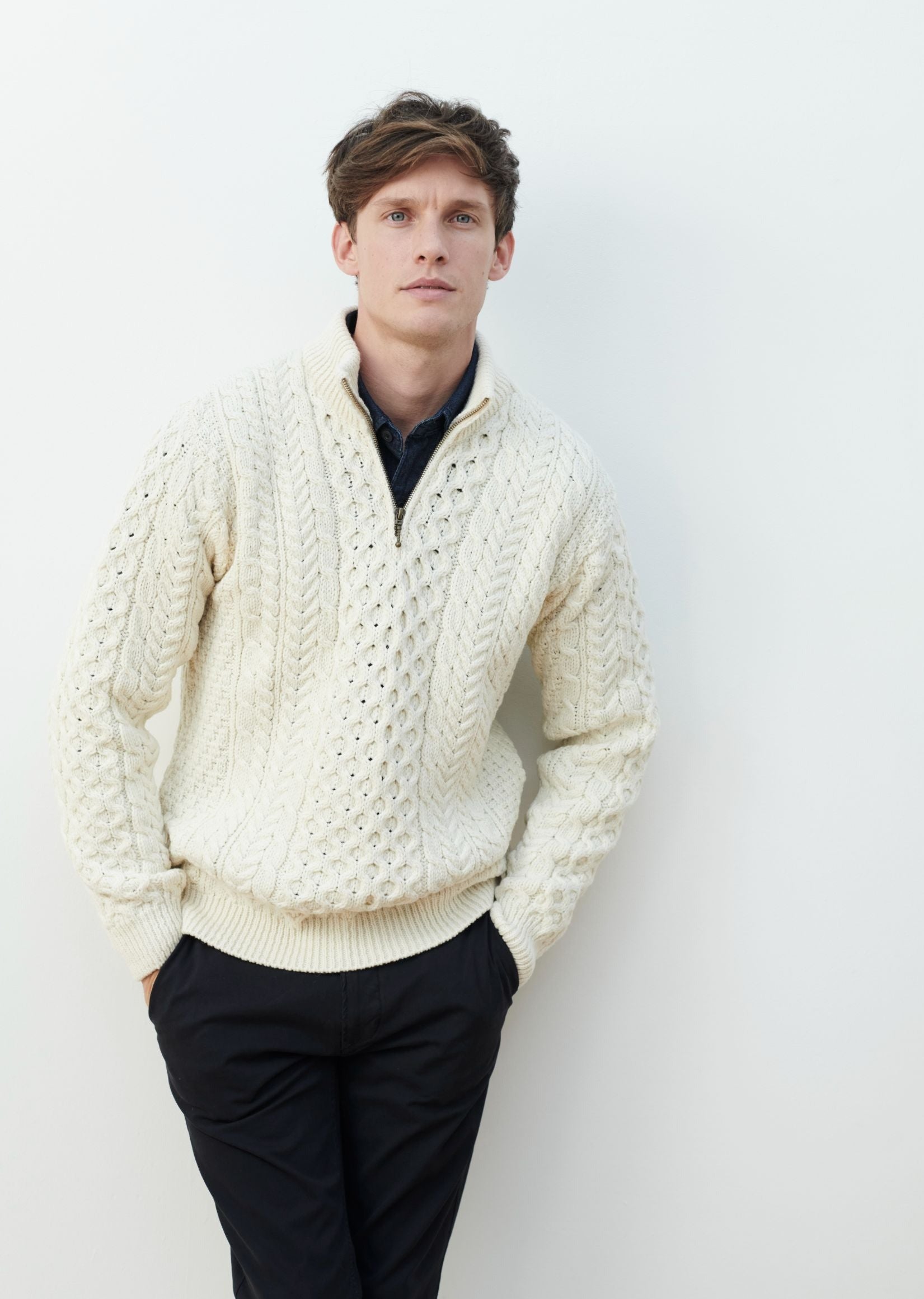 Ballycroy Mens Aran Half Zip Sweater - Cream