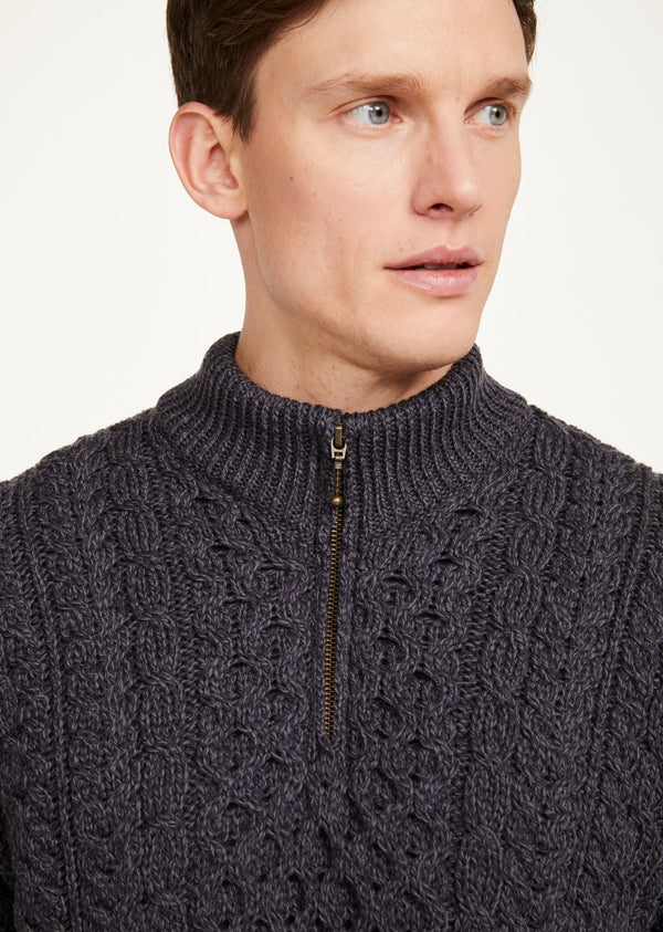 Ballycroy Mens Aran Half Zip Sweater - Charcoal