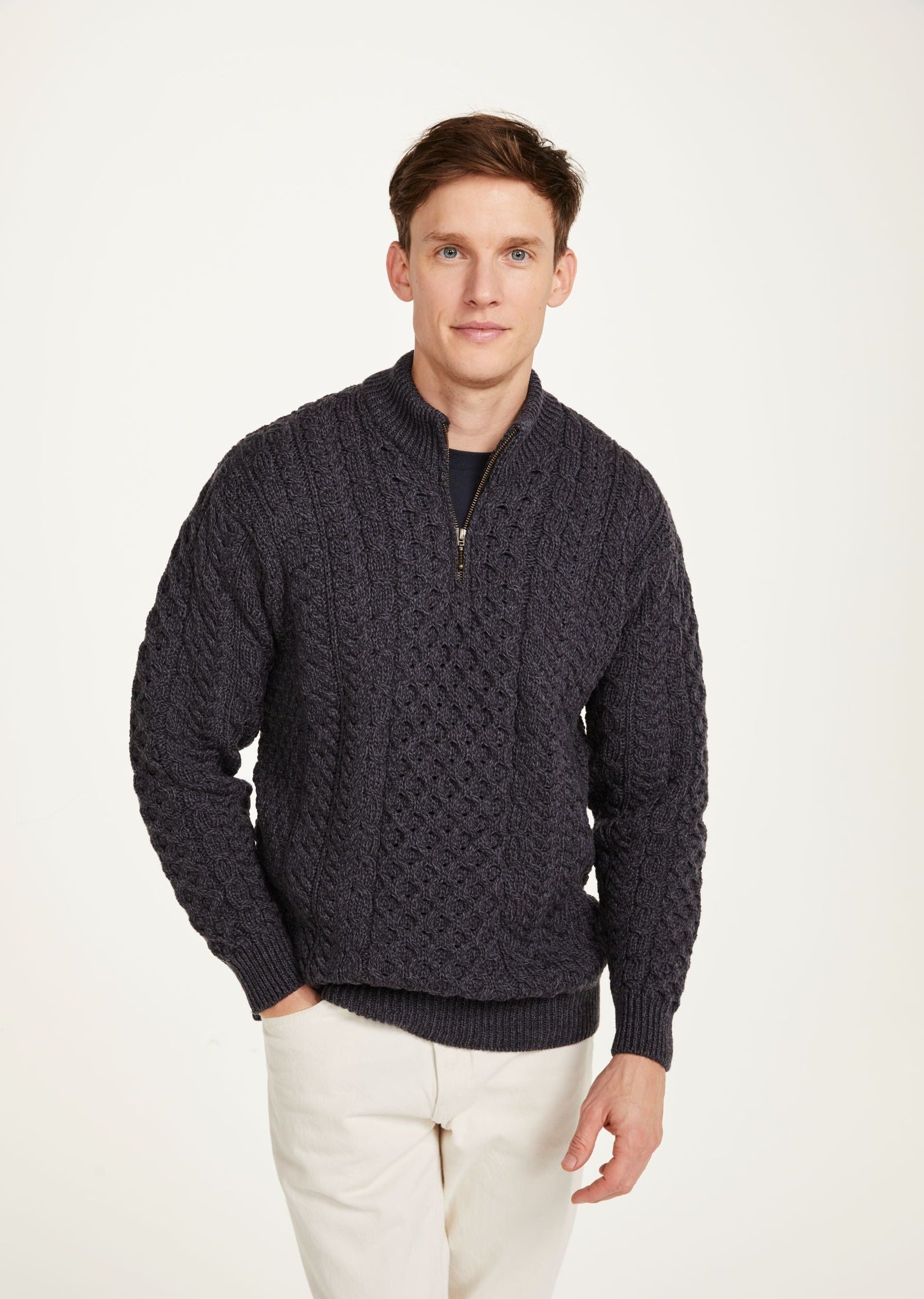 Ballycroy Mens Aran Half Zip Sweater - Charcoal