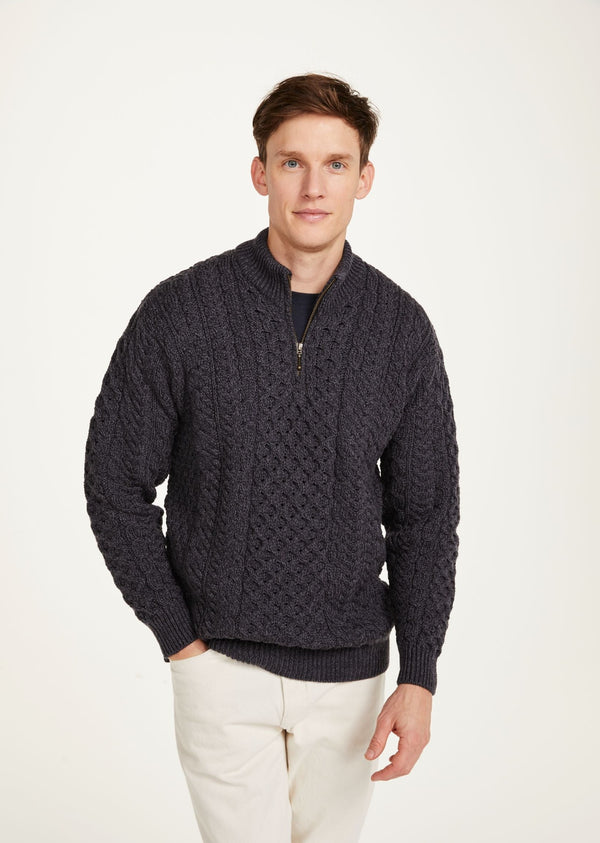 Ballycroy Mens Aran Half Zip Sweater - Charcoal