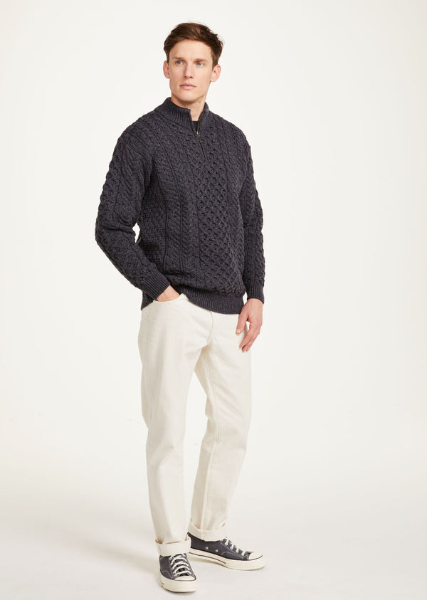 Ballycroy Mens Aran Half Zip Sweater | Charcoal - Clearance