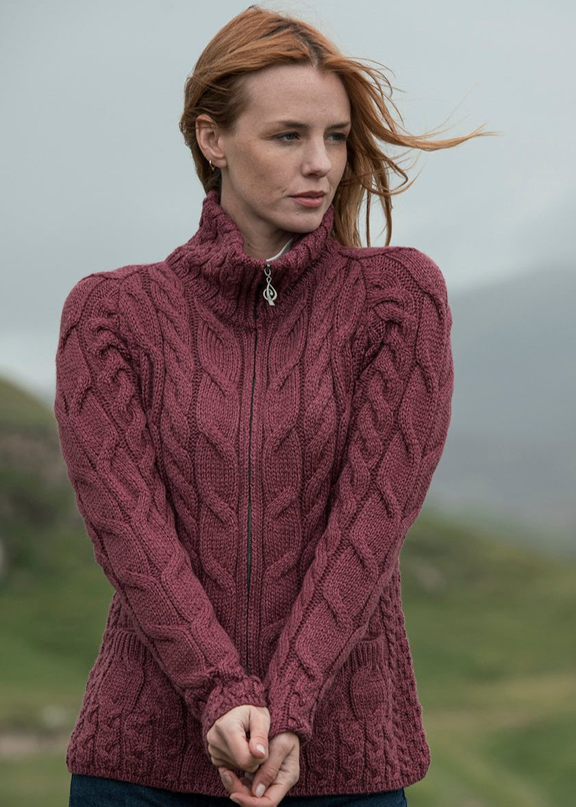 Aran Full Zip Cardigan | Raspberry